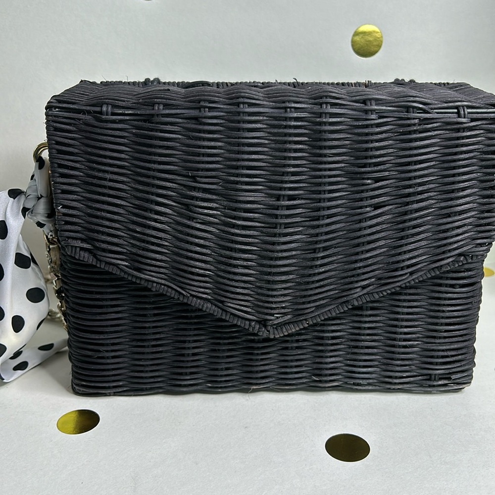 Zara black rattan basket bag with snap closure and chain strap